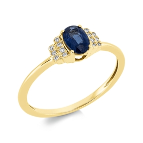 Ring Oval aus 750 Gelbgold Saphir 0,62ct blau 14 Brillanten 0,06ct TW-SI B:5,8mm