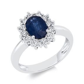 Ring aus 750 Weißgold Saphir 1,5ct blau 12 Brillanten 0,55ct TW-SI B:13,8mm