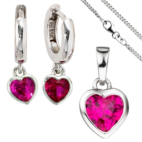 Kinder Schmuck-Set Herzen aus 925 Silber Zirkonia pink rosa mit Kette 38cm