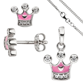 Kinder Schmuck-Set Krone pink rosa 925 Silber Zirkonia mit Kette 38cm