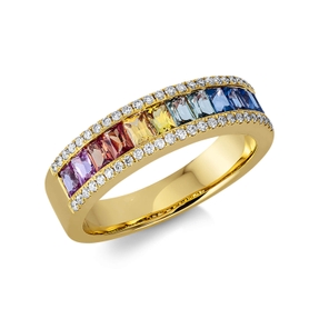 Ring 750 Gelbgold 12 Saphire 1,28ct mehrfarbig 50 Brillanten 0,19ct TW-SI B:5,1mm