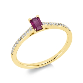 Ring aus 750 Gelbgold Rubin 0,35ct rot 20 Brillanten 0,13ct TW-SI B:5,3mm