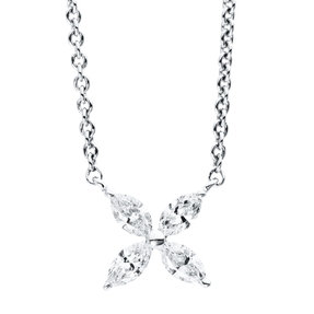 Collier Blume aus 750 Weißgold 4 Diamanten Navette-Schliff 0,3ct TW-SI L:45cm