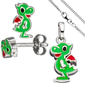 Kinder Schmuck-Set kleiner Drache aus 925 Silber grün lackiert mit Kette 42cm