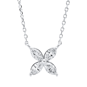Collier Blume aus 750 Weißgold 4 Diamanten Navette-Schliff 0,4ct TW-SI L:45cm