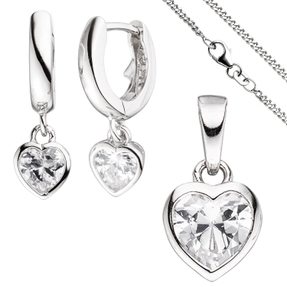 Kinder Schmuck-Set Herz aus 925 Silber mit Zirkonia Anhänger Ohrringe Kette 38cm
