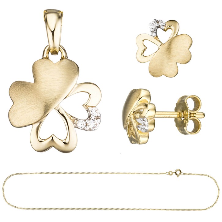 Schmuck-Set Kleeblatt 333 Gelbgold Zirkonia 45cm
