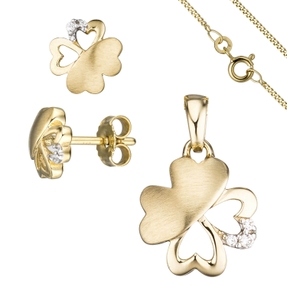 Schmuck-Set Kleeblatt aus 333 Gold Gelbgold 7 Zirkonia Ohrringe und Kette 45cm Schmuck-Set Kleeblatt aus 333 Gold Gelbgold 7 Zirkonia Ohrringe und Kette 45cm