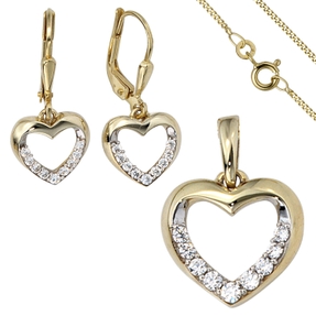 Schmuck-Set Herz aus 333 Gold Gelbgold Zirkonia Ohrringe Anhänger und Kette 45cm Schmuck-Set Herz aus 333 Gold Gelbgold Zirkonia Ohrringe Anhänger und Kette 45cm