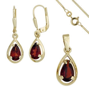 Schmuck-Set aus 333 Gold Gelbgold 3 Granate rot Ohrringe und Kette 45cm Schmuck-Set aus 333 Gold Gelbgold 3 Granate rot Ohrringe und Kette 45cm