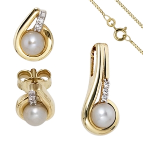 Schmuck-Set aus 333 Gold Gelbgold Perlen Zirkonia Ohrringe und Kette 42cm Schmuck-Set aus 333 Gold Gelbgold Perlen Zirkonia Ohrringe und Kette 42cm