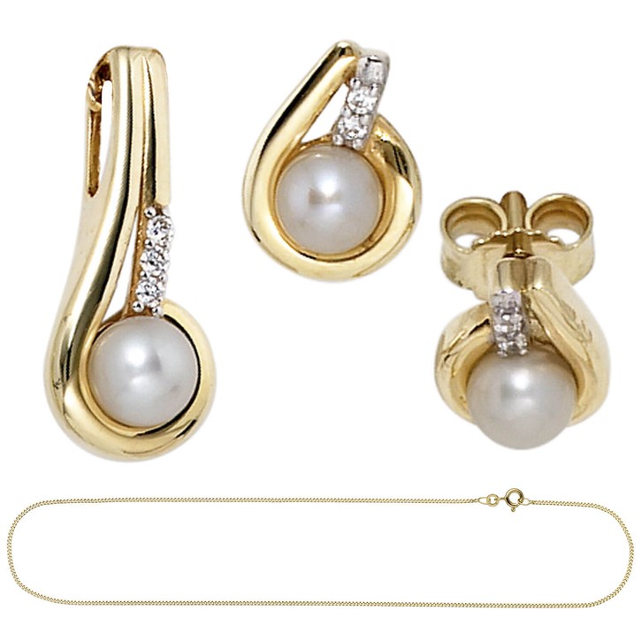 Schmuck-Set aus 333 Gelbgold mit Perlen und Zirkonia 45cm