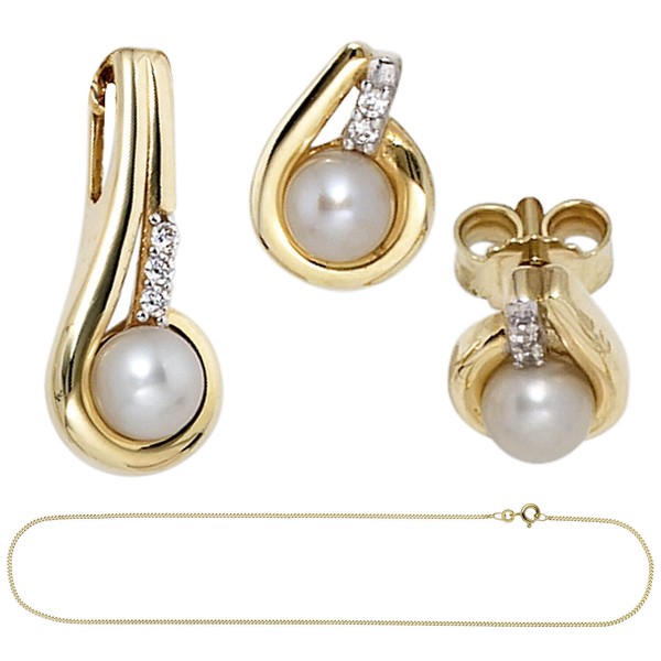 Schmuck-Set aus 333 Gelbgold mit Perlen und Zirkonia 45cm