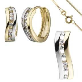 Schmuck-Set aus 333 Gold Gelbgold bicolor Zirkonia Creolen Anhänger Kette 45cm Schmuck-Set aus 333 Gold Gelbgold bicolor Zirkonia Creolen Anhänger Kette 45cm