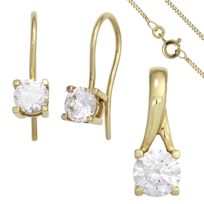 Solitär Schmuck-Set 333 Gold Gelbgold 3 Zirkonia Ohrringe Anhänger Kette 45cm Solitär Schmuck-Set 333 Gold Gelbgold 3 Zirkonia Ohrringe Anhänger Kette 45cm