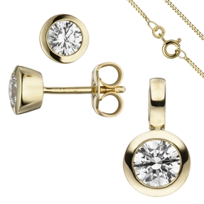 Solitär Schmuck-Set 333 Gold Gelbgold 3 Zirkonia Ohrhänger Anhänger Kette 45cm Solitär Schmuck-Set 333 Gold Gelbgold 3 Zirkonia Ohrhänger Anhänger Kette 45cm