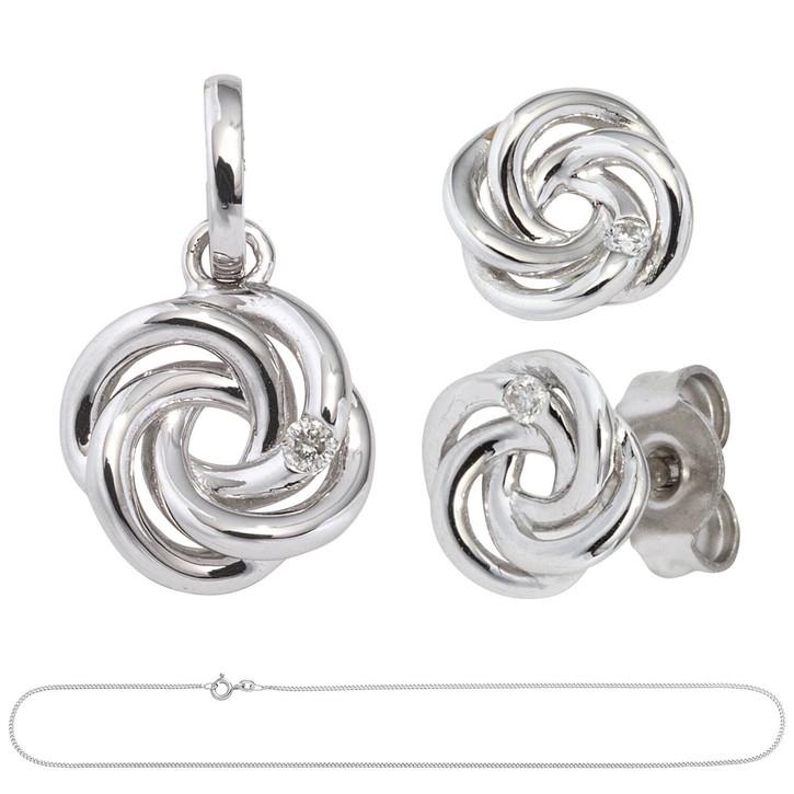 Schmuck-Set Knoten 585 Weißgold 3 Diamanten 42cm