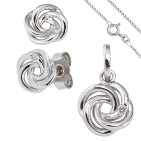Schmuck-Set Knoten aus 585 Weißgold 3 Diamanten Ohrstecker Anhänger Kette 42cm