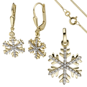 Schmuck-Set Schneeflocke aus 333 Gelbgold Zirkonia Ohrringe Anhänger Kette 42cm Schmuck-Set Schneeflocke aus 333 Gelbgold Zirkonia Ohrringe Anhänger Kette 42cm