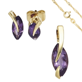 Schmuck-Set 585 Gelbgold 3 Amethyste lila violett Ohrringe Anhänger Kette 45cm Schmuck-Set 585 Gelbgold 3 Amethyste lila violett Ohrringe Anhänger Kette 45cm