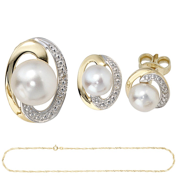 Schmuck-Set 585 Gold bicolor 3 Perlen 4 Diamanten 42cm