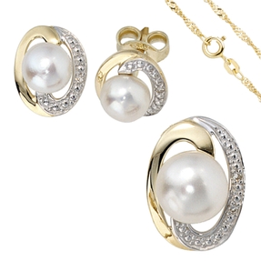Schmuck-Set 585 Gelbgold 3 Perlen 4 Diamanten Ohrringe Anhänger Kette 42cm Schmuck-Set 585 Gelbgold 3 Perlen 4 Diamanten Ohrringe Anhänger Kette 42cm