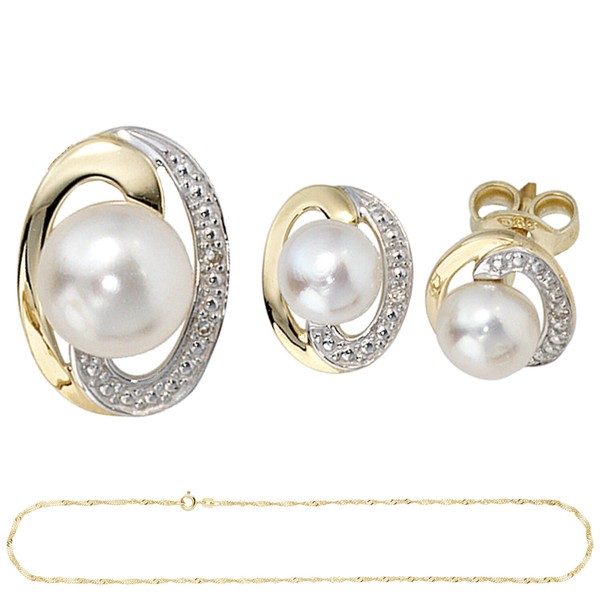 Schmuck-Set 585 Gold bicolor 3 Perlen 4 Diamanten 42cm