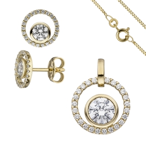 Schmuck-Set aus 333 Gold Gelbgold mit Zirkonia Ohrstecker Anhänger Kette 42cm Schmuck-Set aus 333 Gold Gelbgold mit Zirkonia Ohrstecker Anhänger Kette 42cm