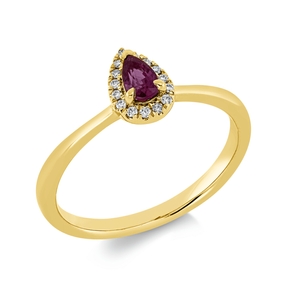 Ring Tropfen aus 750 Gelbgold Rubin 0,3ct rot 15 Brillanten 0,06ct TW-SI B:8mm