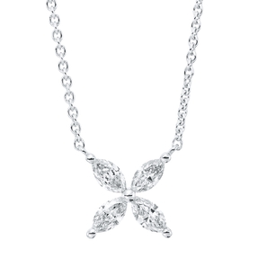 Collier Blume aus 750 Weißgold 4 Diamanten Navette-Schliff 0,41ct TW-SI L:45,7cm