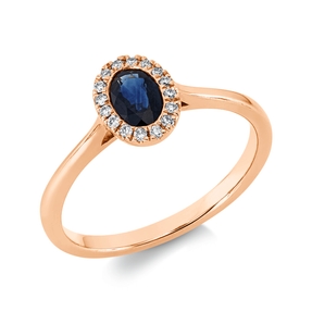 Ring Oval aus 750 Rotgold Saphir 0,53ct blau 16 Brillanten 0,07ct TW-SI B:8,3mm