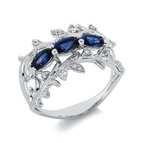 Ring aus 750 Weißgold 3 Saphire 0,91ct blau 24 Brillanten 0,31ct TW-SI B:12,4mm