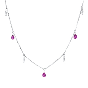 Collier 750 Weißgold 5 Rubine 0,9ct rot 4 Diamanten Navette-Schliff 0,26ct TW-SI