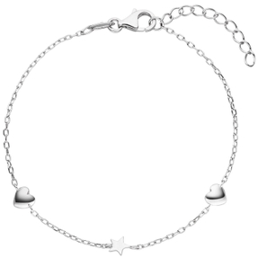 Armband Armkette Ankerkette 2 Herzen mit Stern 925 Silber rhodiniert 16-19cm