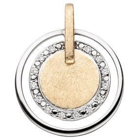 Anhänger rund 585 Gold gelb/weiß bicolor eismatt 14 Diamanten Brillanten 0,09 Ct