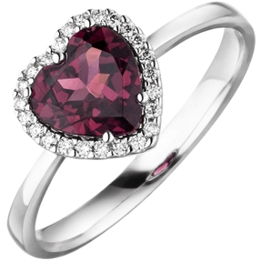Ring Herz aus 585 Gold Weißgold mit Rhodolith rot 24 Diamanten Brillanten 0,1 Ct