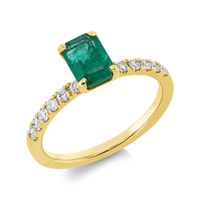 Ring aus 750 Gelbgold Smaragd 1,06ct grün 12 Brillanten 0,25ct TW-SI B:7mm