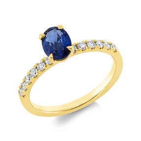 Ring aus 750 Gelbgold Saphir 1ct blau 12 Brillanten 0,25ct TW-SI B:6,9mm 4er-Krappe Ring aus 750 Gelbgold Saphir 1ct blau 12 Brillanten 0,25ct TW-SI B:6,9mm 4er-Krappe