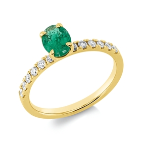 Ring aus 750 Gelbgold Smaragd 0,68ct grün 12 Brillanten 0,25ct TW-SI B:6,9mm