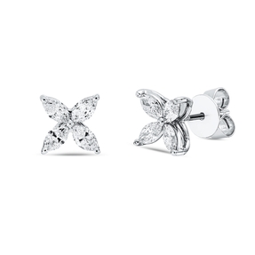 Ohrstecker Blumen aus 750 Weißgold 8 Diamanten Navette-Schliff 0,8ct TW-VSI/SI