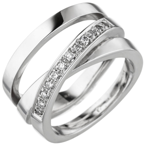 Breiter Ring gekreuzt 585 Gold Weißgold 12 Diamanten Brillanten 0,18 Ct W-SI