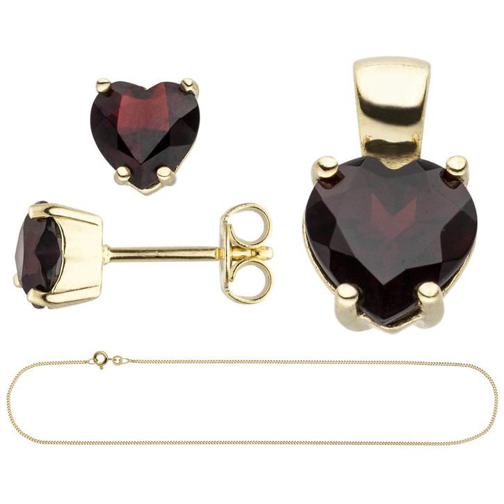 Schmuck-Set 333 Gelbgold Granat-Herzen mt Kette 45cm