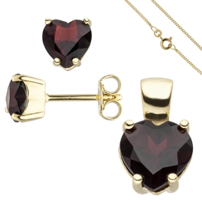 Schmuck-Set aus 333 Gold Gelbgold Granat-Herzen Ohrstecker Anhänger Kette 45cm Schmuck-Set aus 333 Gold Gelbgold Granat-Herzen Ohrstecker Anhänger Kette 45cm