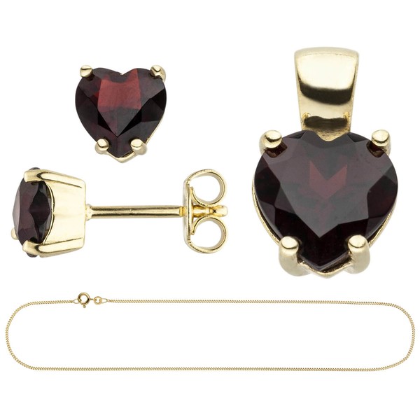 Schmuck-Set 333 Gelbgold Granat-Herzen mt Kette 45cm