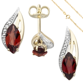 Schmuck-Set 585 Gelbgold Granate und Diamanten Ohrstecker Anhänger Kette 42cm Schmuck-Set 585 Gelbgold Granate und Diamanten Ohrstecker Anhänger Kette 42cm