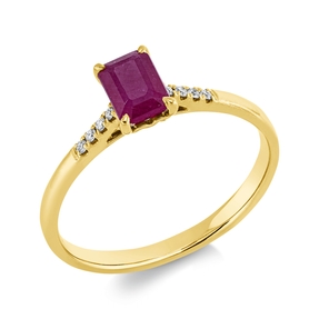 Ring aus 750 Gelbgold Rubin 0,82ct rot 8 Brillanten 0,04ct TW-SI B:6,3mm 4er-Krappe Ring aus 750 Gelbgold Rubin 0,82ct rot 8 Brillanten 0,04ct TW-SI B:6,3mm 4er-Krappe