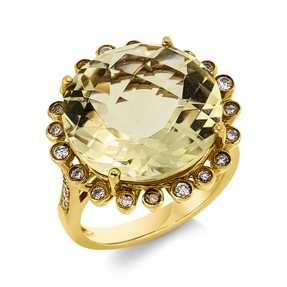 Ring 750 YellowGold Lemon Quartz 12.64ct green 34 Diamonds 0.37ct fancy-PI Width:20.2mm Ring 750 YellowGold Lemon Quartz 12.64ct green 34 Diamonds 0.37ct fancy-PI Width:20.2mm