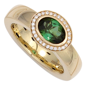 Ring 585 Gold Gelbgold mit grünem Turmalin & 28 Diamanten Brillanten 0,1Ct. W-SI Ring 585 Gold Gelbgold mit grünem Turmalin & 28 Diamanten Brillanten 0,1Ct. W-SI