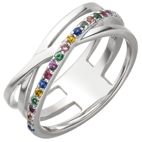 Ring aus 925 Silber mit bunten Zirkonia Silberring gekreuzt multicolor Ring aus 925 Silber mit bunten Zirkonia Silberring gekreuzt multicolor