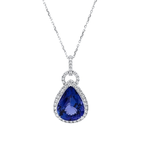 Collier Tropfen aus 750 Weißgold Tansanit 8,41ct blau 43 Brillanten 0,66ct TW-VSI Collier Tropfen aus 750 Weißgold Tansanit 8,41ct blau 43 Brillanten 0,66ct TW-VSI